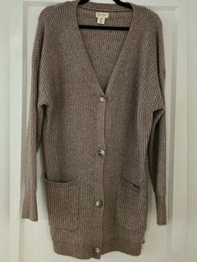 Jessica Simpson Taupe Ribbed Long Button-Front Cardigan